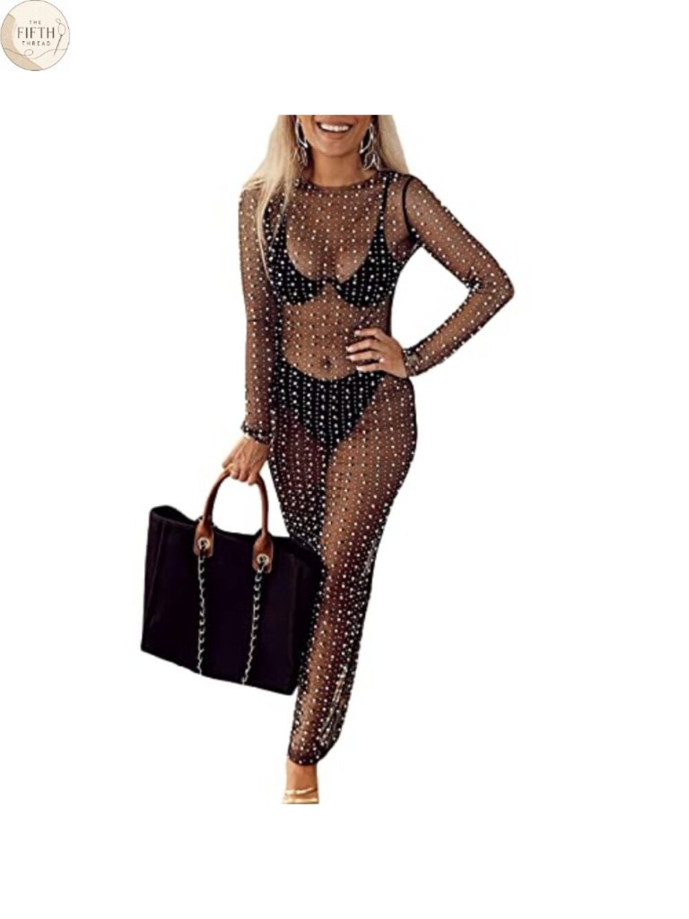 Rhinestone Pearl Mesh Midi Cover Up Dress Sheer See Through Beachwear